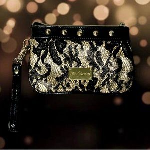BETSEY JOHNSON Gold & Black Lace Stud Clutch Wristlet W/ mixed metal Har…